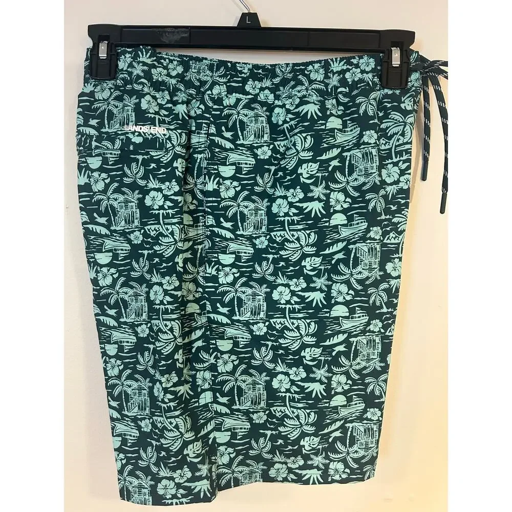LANDS END Sz L Green Volley Swim Shorts dark green Tropical Liner Beach Vacation